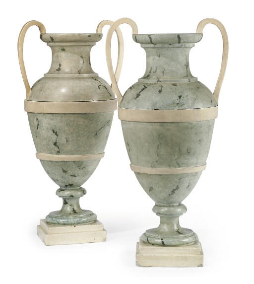 A PAIR OF ITALIAN SCAGLIOLA TWO HANDLE BALUSTER VASES