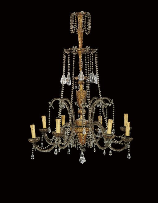 A NORTH ITALIAN CARVED GILTWOOD, CUT-GLASS AND ROCK CRYSTAL EIGHT-LIGHT CHANDELIER