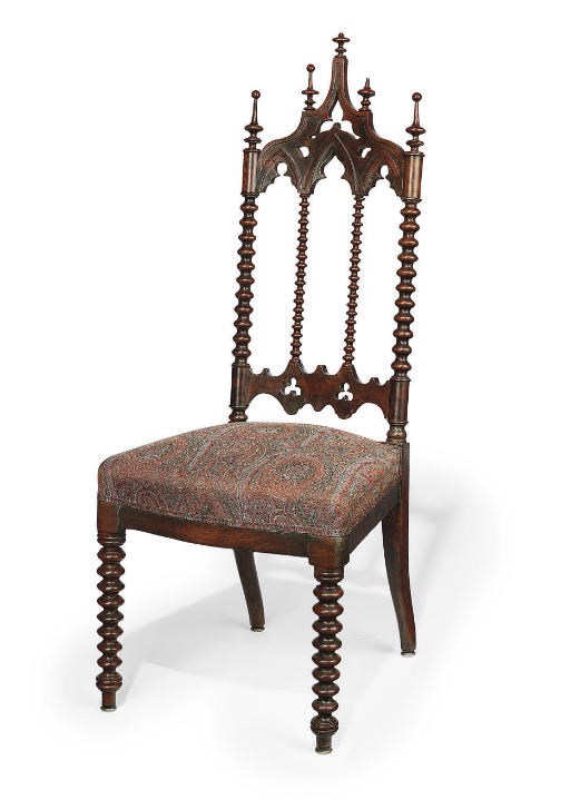 A NEO-GOTHIC MAHOGANY AND STAINED SIDE CHAIR