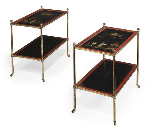 A PAIR OF POLYCHROME-DECORATED AND PARCEL-GILT JAPANNED BRASS TWO-TIER ETAGÈRE TABLES