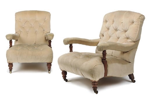 A PAIR OF VICTORIAN WALNUT EASY ARMCHAIRS