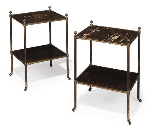 A PAIR OF BRASS LACQUER AND JAPANNED TWO-TIER ETAGERE TABLES