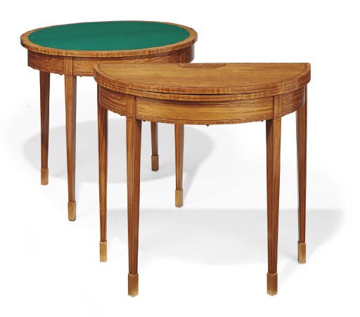 A PAIR OF EDWARDIAN SATINWOOD AND BANDED DEMI-LUNE GAMES TABLES