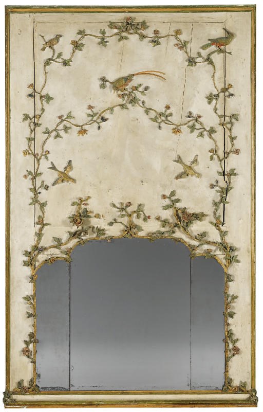 A NORTH ITALIAN CREAM-PAINTED AND POLYCHROME-DECORATED OVERMANTEL BOISERIE MIRROR