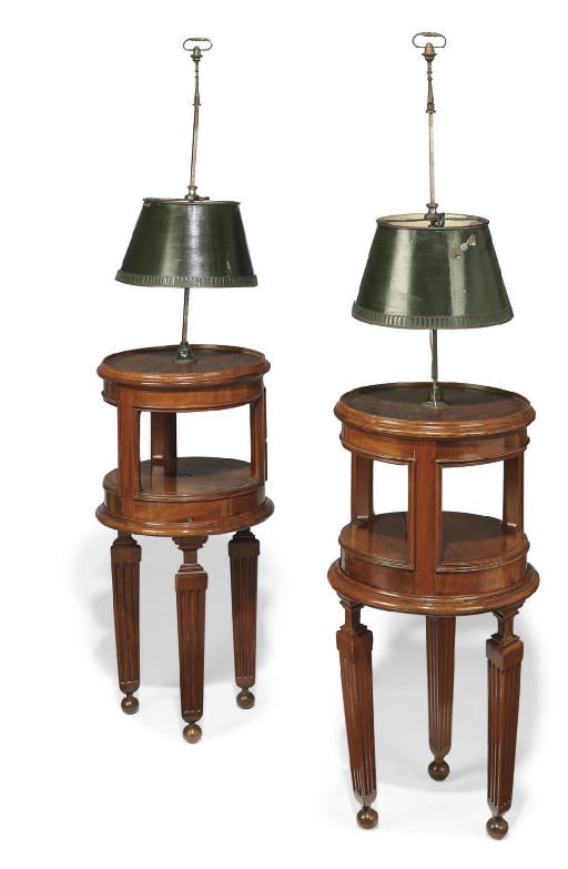 A PAIR OF NORTH ITALIAN WALNUT OCCASIONAL TABLES WITH LAMPES BOUILLOTTES