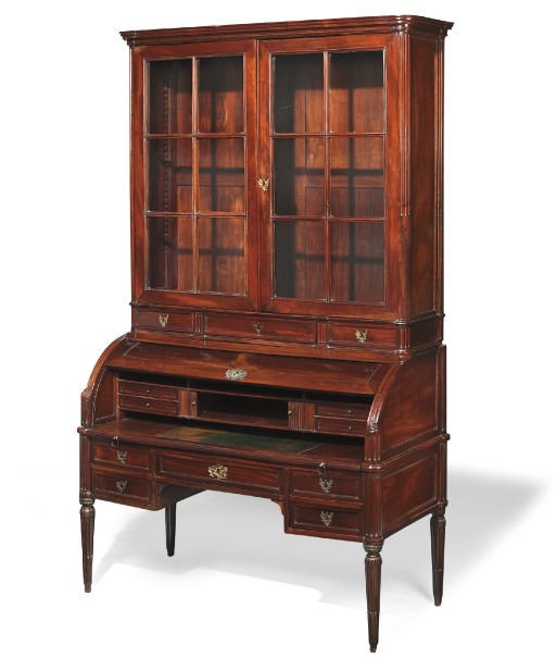 A LOUIS XVI MAHOGANY CYLINDER BUREAU BOOKCASE