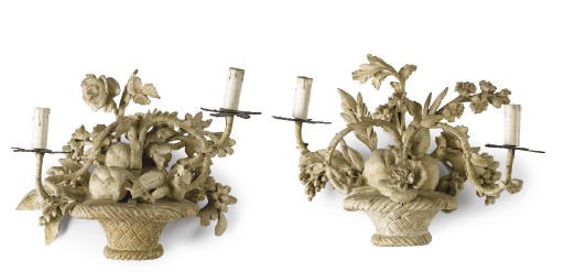 A PAIR OF GEORGE II GILT-METAL AND WHITE PAINTED TWO-LIGHT WALL APPLIQUES