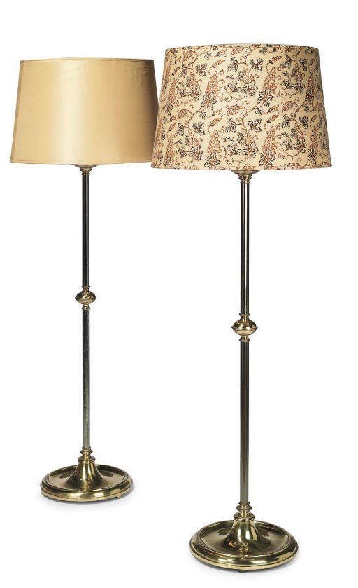 A PAIR OF BRASS AND POLISHED STEEL STANDARD LAMPS