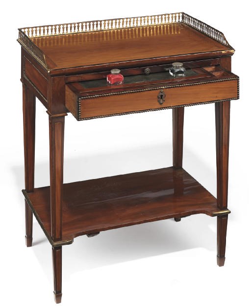 A LOUIS XVI ORMOLU-MOUNTED MAHOGANY, SATINWOOD AND HAREWOOD BANDED WRITING TABLE