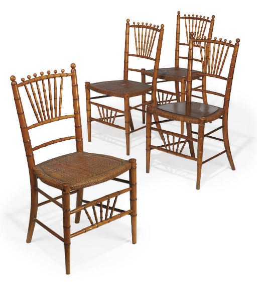 A SET OF FOUR JAPONAISERIE SIMULATED BAMBOO AND CANED SIDE CHAIRS