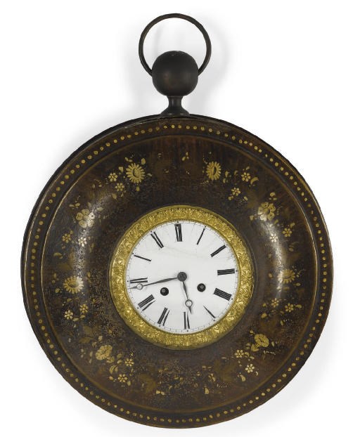 A CHARLES X POLYCHROME-DECORATED TÔLE PEINTE AND ORMOLU STRIKING WALL CLOCK