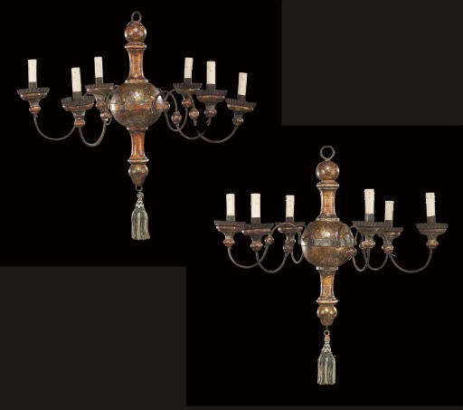 A PAIR OF NORTH ITALIAN PARCEL-GILT AND METAL-MOUNTED SIX-LIGHT CHANDELIERS
