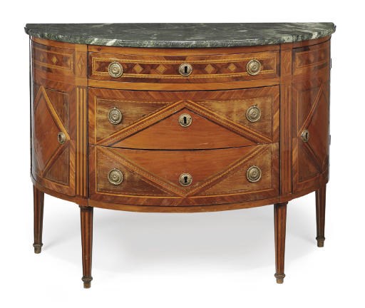 A NORTH ITALIAN SATINWOOD, KINGWOOD, TULIPWOOD AND PARQUETRY DEMI-LUNE COMMODE