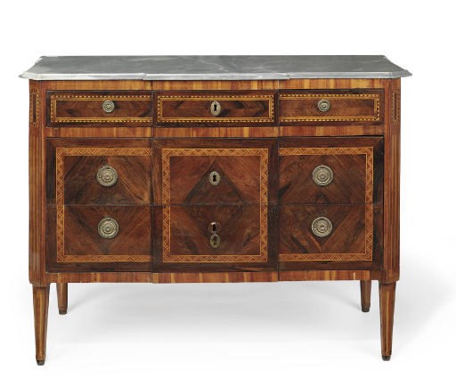A NORTH ITALIAN WALNUT, KINGWOOD, HAREWOOD AND EBONY BANDED PARQUETRY COMMODE