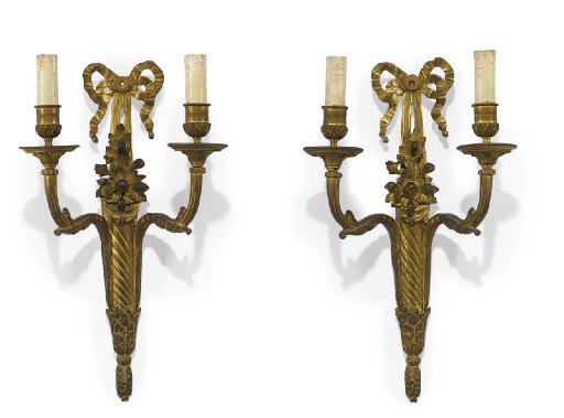 A PAIR OF FRENCH ORMOLU TWO BRANCH WALL APPLIQUES