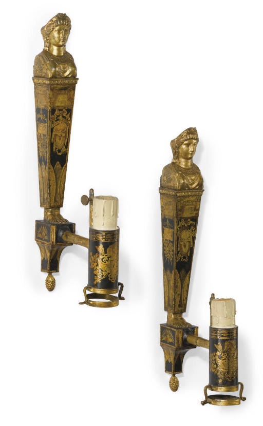 A PAIR OF EMPIRE PARCEL-GILT TÔLE PEINTE WALL APPLIQUES