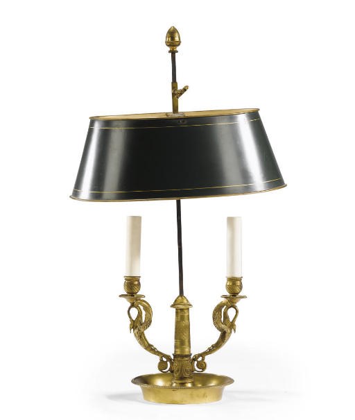 AN EMPIRE ORMOLU AND TÔLE-PEINTE TWO-BRANCH LAMPE BOUILLOTTE