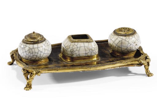 A LOUIS XV STYLE ORMOLU AND CELADON INKSTAND