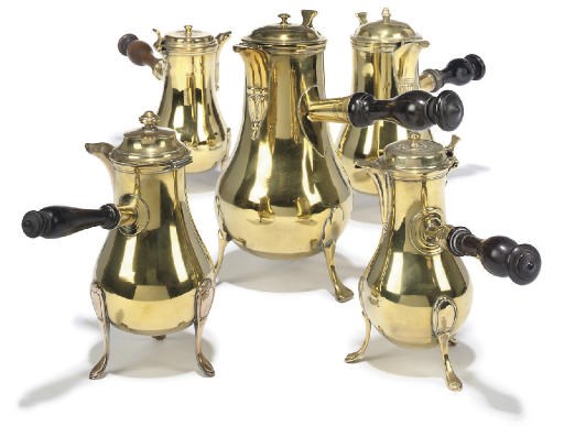 FIVE VARIOUS LOUIS XVI BRASS CHOCOLATE POTS