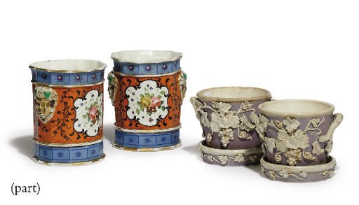 A PAIR OF FRENCH PORCELAIN CACHE-POTS AND STANDS AND A PAIR OF ENGLISH POTTERY EXAMPLES
