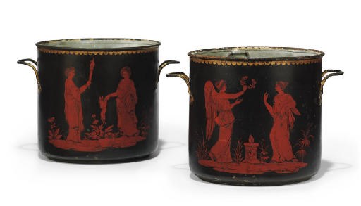 A PAIR OF RESTAURATION TÔLE PEINTE TWO-HANDLED CACHE-POTS