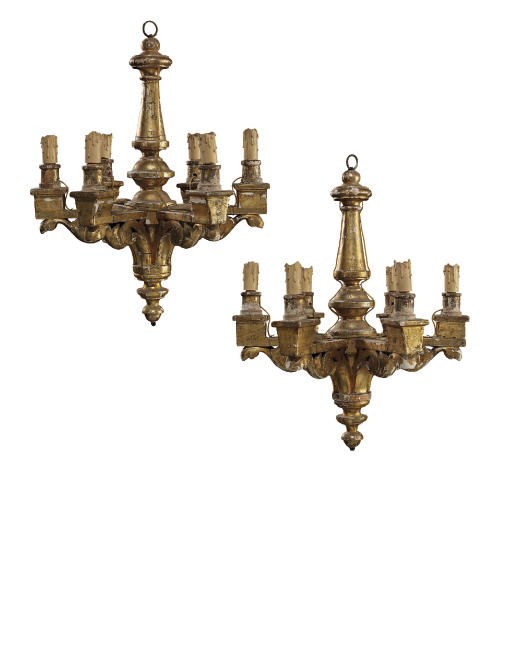 A PAIR OF NORTH ITALIAN GILTWOOD SIX-BRANCH CHANDELIERS