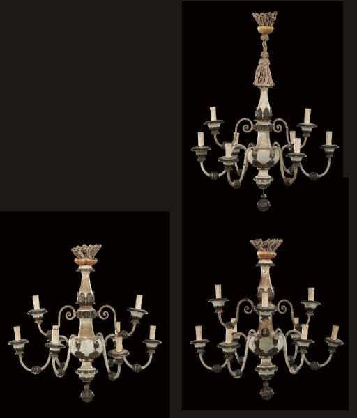 A SET OF THREE NORTH ITALIAN PARCEL-GILT AND WHITE PAINTED NINE LIGHT CHANDELIERS