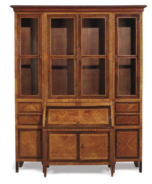 A NORTH ITALIAN TULIPWOOD, AMARANTH, FRUITWOOD AND EBONY-BANDED CYLINDER BUREAU BOOKCASE