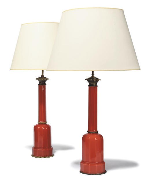 A PAIR OF VICTORIAN RED FLASHED GLASS LAMPS