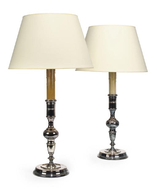 A PAIR OF LARGE SILVER-PLATED TABLE LAMPS