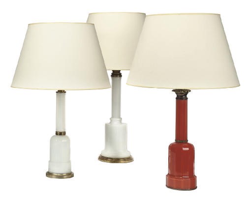 TWO OPALINE GLASS AND ONE RED FLASH GLASS TABLE LAMPS