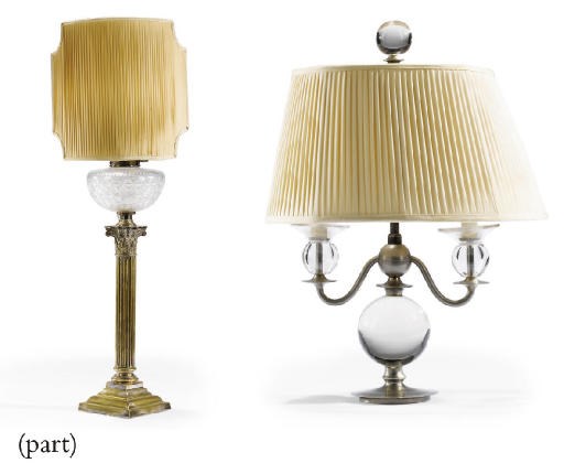 AN ITALIAN PEWTER AND GLASS TWO-BRANCH TABLE LAMP