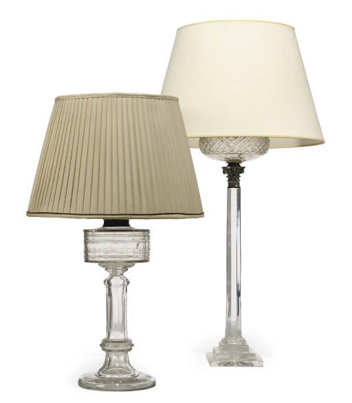 TWO LATE VICTORIAN FACETED GLASS CORINTHIAN COLUMN TABLE LAMPS
