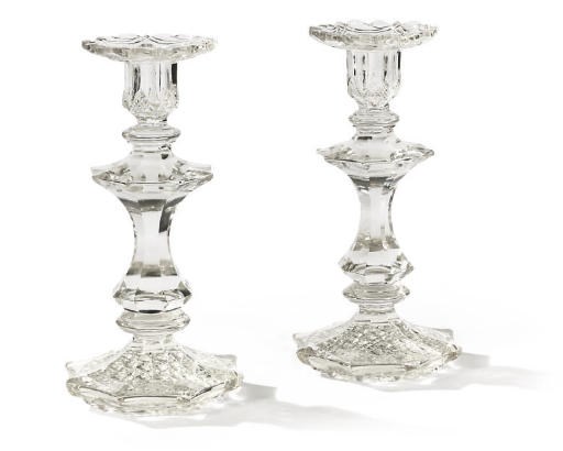A PAIR OF CONTINENTAL CUT-GLASS BALUSTER CANDLESTICKS
