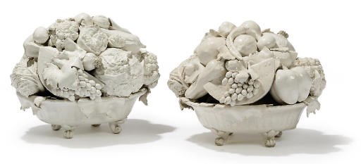 A PAIR OF ITALIAN WHITE GLAZED POTTERY CENTREPIECES