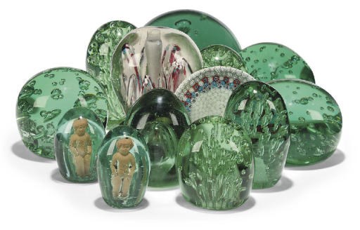 THIRTEEN VARIOUS GREEN GLASS 'DUMP' WEIGHTS