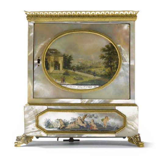 A VIENNESE ORMOLU AND MOTHER-OF-PEARL MUSICAL ETTUI IN THE FORM OF MINIATURE CABINET