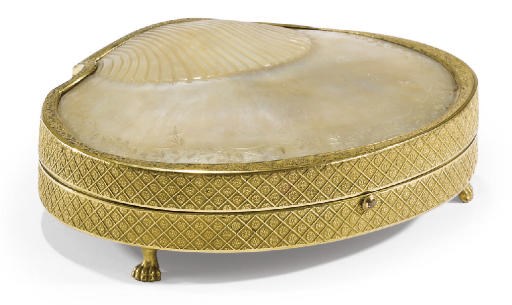 A CHARLES X PALAIS ROYALE ORMOLU AND MOTHER-OF-PEARL SHELL FORM BOX