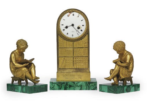 A RESTAURATION STRIKING MANTEL CLOCK AND GARNITURE