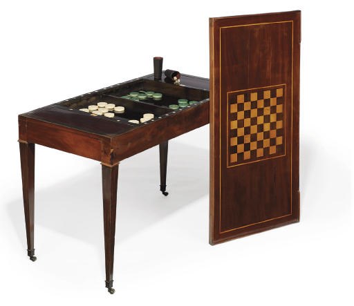 AN EMPIRE BRASS IVORY AND GREEN-STAINED HORN, MAHOGANY, FRUITWOOD AND EBONY TRIC-TRAC GAMES TABLE