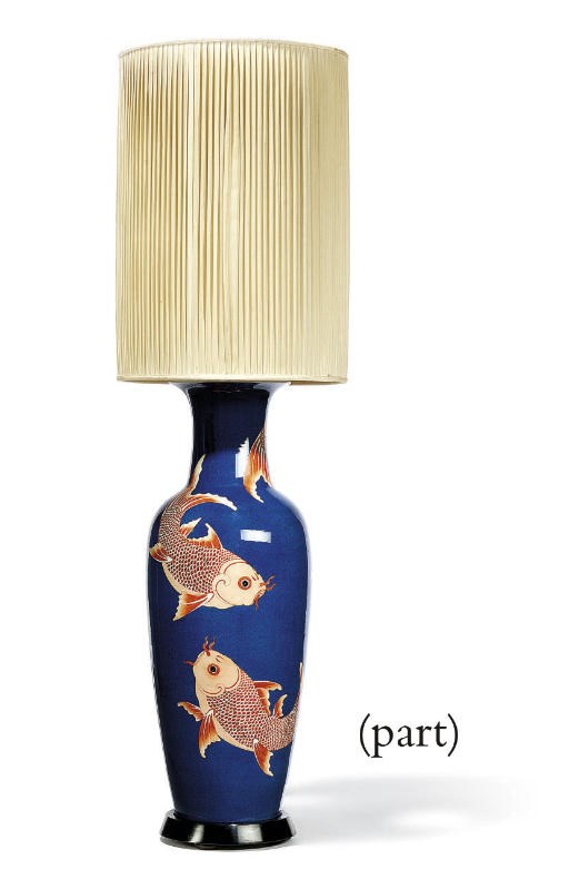 A CHINESE POWDER BLUE-GROUND 'CARP' VASE; AND A PAIR OF POWDER-BLUE GROUND GLOBULAR 'CARP' VASES