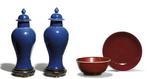 A PAIR OF POWDER-BLUE BALUSTER VASES AND COVERS
