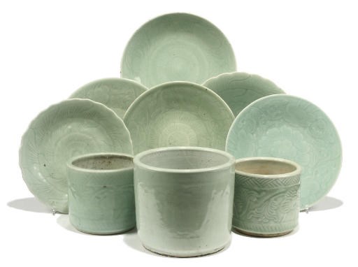 SIX CHINESE CELADON GLAZED DISHES; AND THREE CELADON GLAZED CENSERS