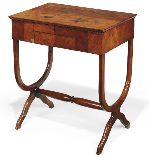 A BIEDERMEIER MAHOGANY AND FRUITWOOD WORK TABLE