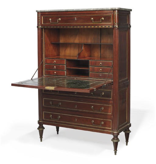 A LATE LOUIS XVI BRASS-MOUNTED MAHOGANY AND EBONY BANDED SECRETAIRE A ABBATANT