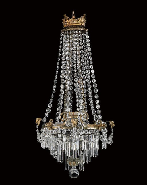 AN ORMOLU AND CUT GLASS BASKET CHANDELIER