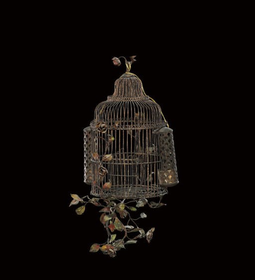 A FRENCH GILT-METAL AND TÔLE-PEINTE BIRDCAGE CHANDELIER