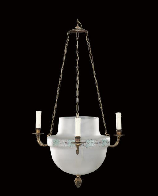 A FRENCH ORMOLU AND FROSTED GLASS THREE-BRANCH HALL LANTERN