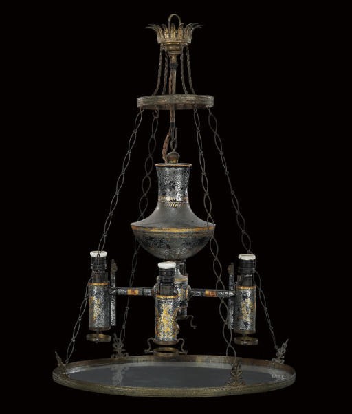 A RESTAURATION ORMOLU AND TÔLE-PEINTE FOUR-LIGHT OIL CHANDELIER