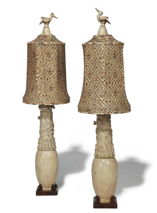A LARGE PAIR OF QINGBAI FUNERARY VASES AND COVERS